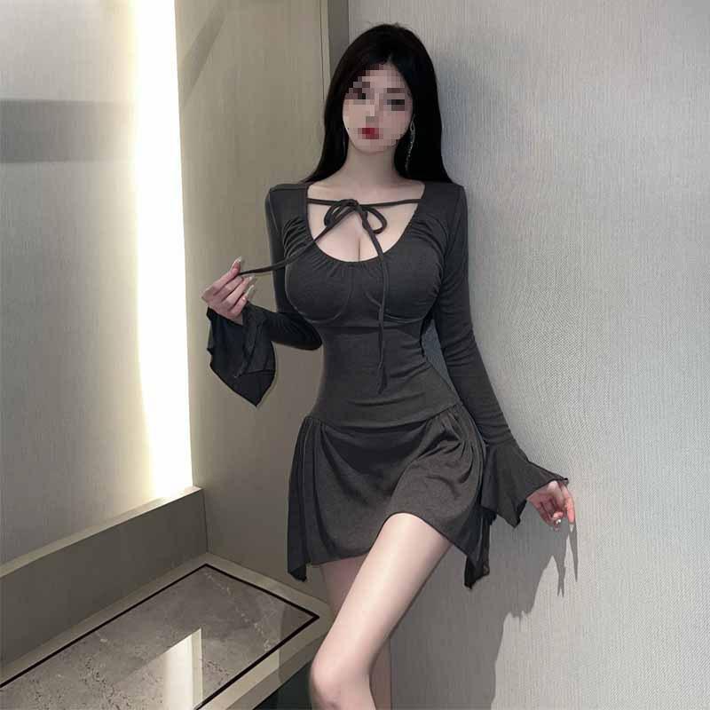 

2024 Pure Desire Low-Cut Lace-Up Slim Long-Sleeve Dress Medium сірий колір