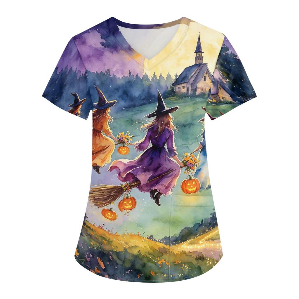 Women's Halloween Printed V-Neck Short Sleeve Scrub Top with Pockets