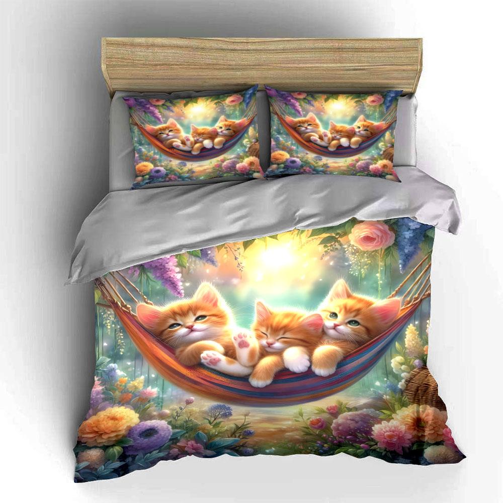 Three Kittens Relaxing In Hammock Print Soft Comfortable Duvet Cover Bedding Set Included 1*Duvet Cover 2*Pillowcases