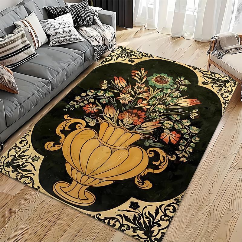 Vintage Floral Vase Pattern Carpet - Elegant Black and Gold Design Suitable for Use As an Anti-slip for Living Room Bedroom Sofas
