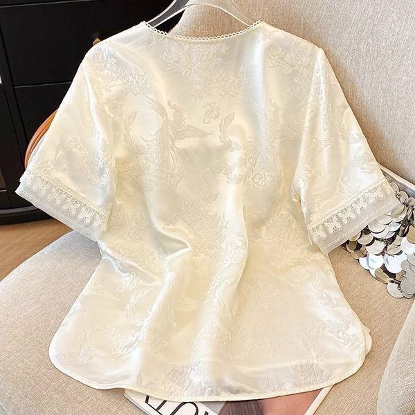 Summer Short Sleeve Top Satin Shirt Premium Temperament Top Versatile 2025 Embroidery Summer