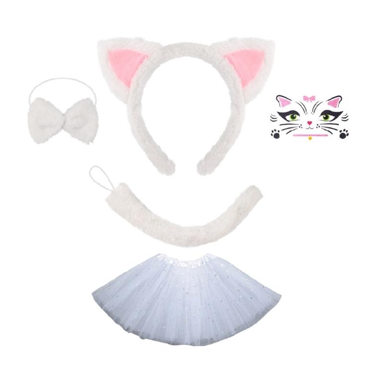 Kids Animal Costume Cats Ears Headband Bowtie Tutu Skirt Tail Set Cats Costumes Accessories for Halloween Party Decors
