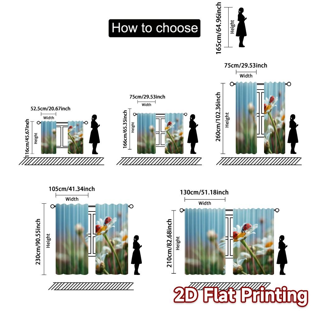 2pcs, 2D FLAT PRINTING Curtains (Without Rod Ladybugs Bloom Modern Window Curtain Polyester Curtains Festive Perfect for
