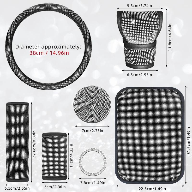 Car Accessories Set 11Pcs Women Bling Fit Steering Cover Gear Shift Pull Cover Armrest Shoulder Pad Coasters Start Stop Stickers
