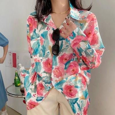 Korean-style Loose Textured Shirt with Ink Wash Printed Flowers High-end Floral Shirt with A Sense of Design