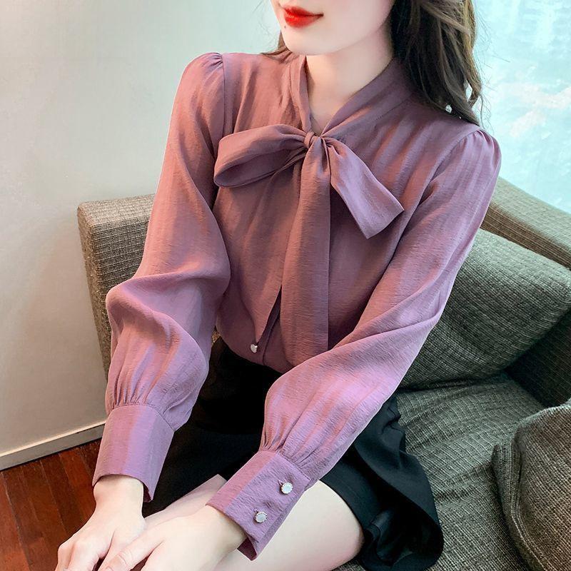 A Bow-knot Chiffon Long-sleeved Shirt for Women, A Versatile and Stylish Small Blouse for Autumn