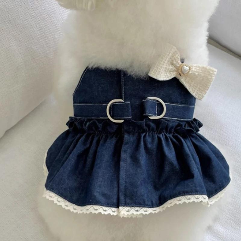 Hund Jeanskjol Vår Sommar Par Hundkläder Teddyklänning Valp Andningsbara Kläder med Rosett Pärlapplikation