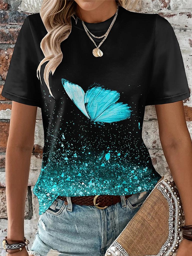 Butterfly & Glitter Gradient Print Casual T Shirt Crew Neck Short Sleeve Tee For Women Summer Holiday Travel And Daily Outfits