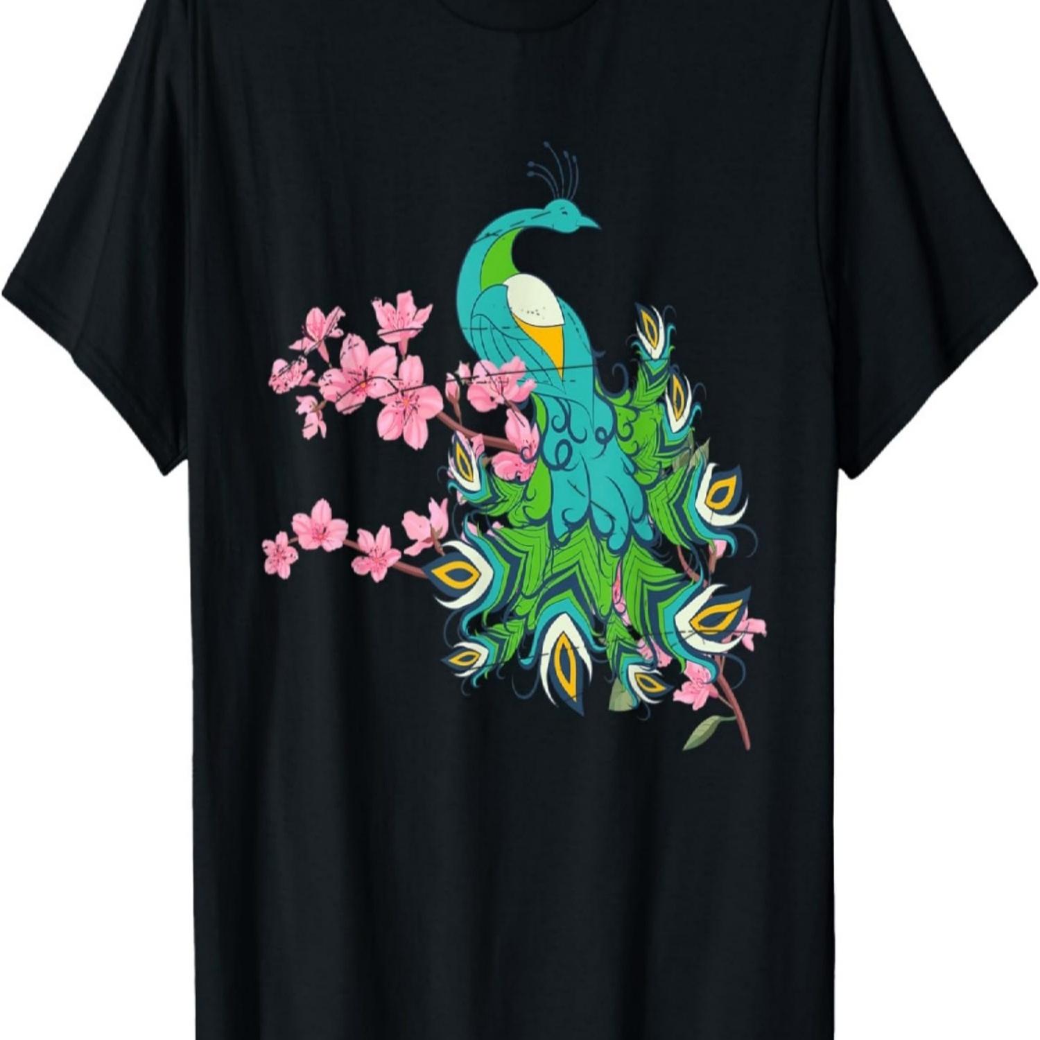 Decorative Animal Lover Zoo Bird Cherry Blossom Peacock T-Shirt S чёрный