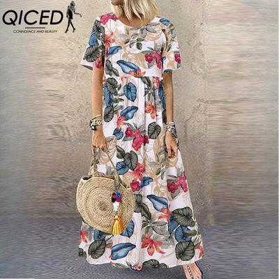 Women's Fashion Summer Spring Solid Color Print Short Sleeve O-Neck High Waist Casual Dresses
