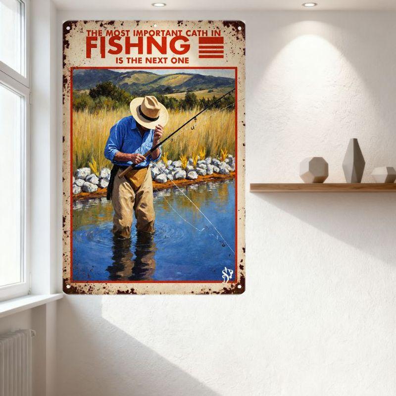 Vintage Metallschild Fliegenfischen mit Mann im Fluss - Rustikale verwitterte Metallwanddekoration für Angelbegeisterte, 8x12 Zoll