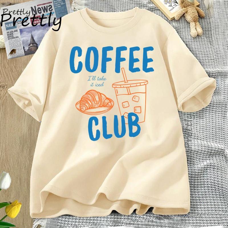 Womens Tshirt Iced Coffee Club T Shirt Women Coffee Lover Retro Coffee Tee Trendy Cotton Short Sleeve Graphic T Shirts