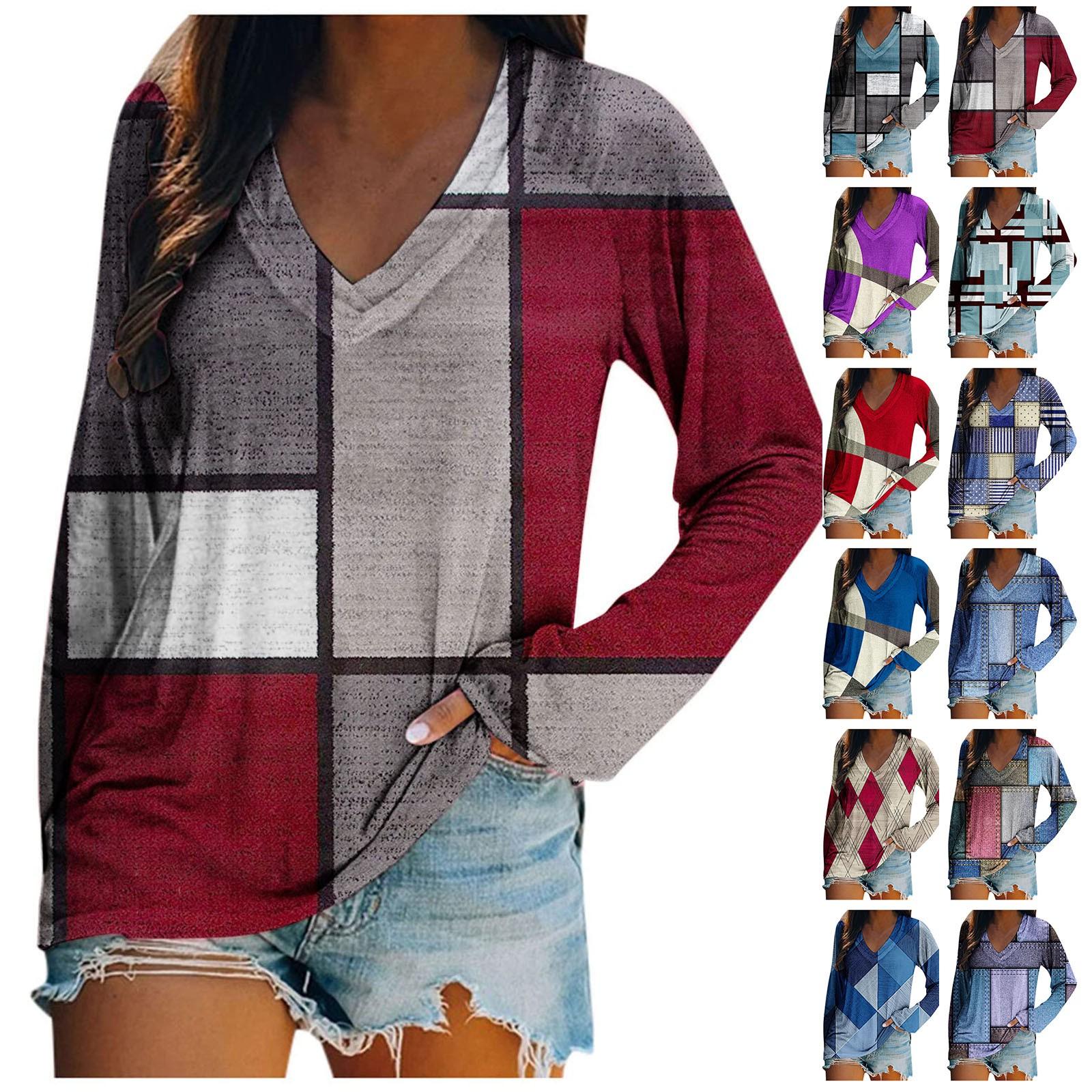 

Женский повседневный двойной воротник V-образный вырез Модная печатная футболка с длинным рукавом Топ