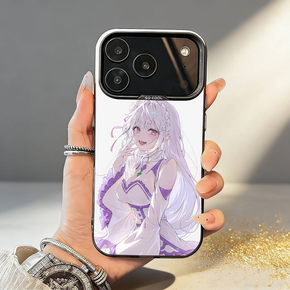 Re Zero Rem Emilia Phone Case For iPhone17 16 15 14 13 12 Pro Max Grey Black Matte Laser Metallic Aurora Funda