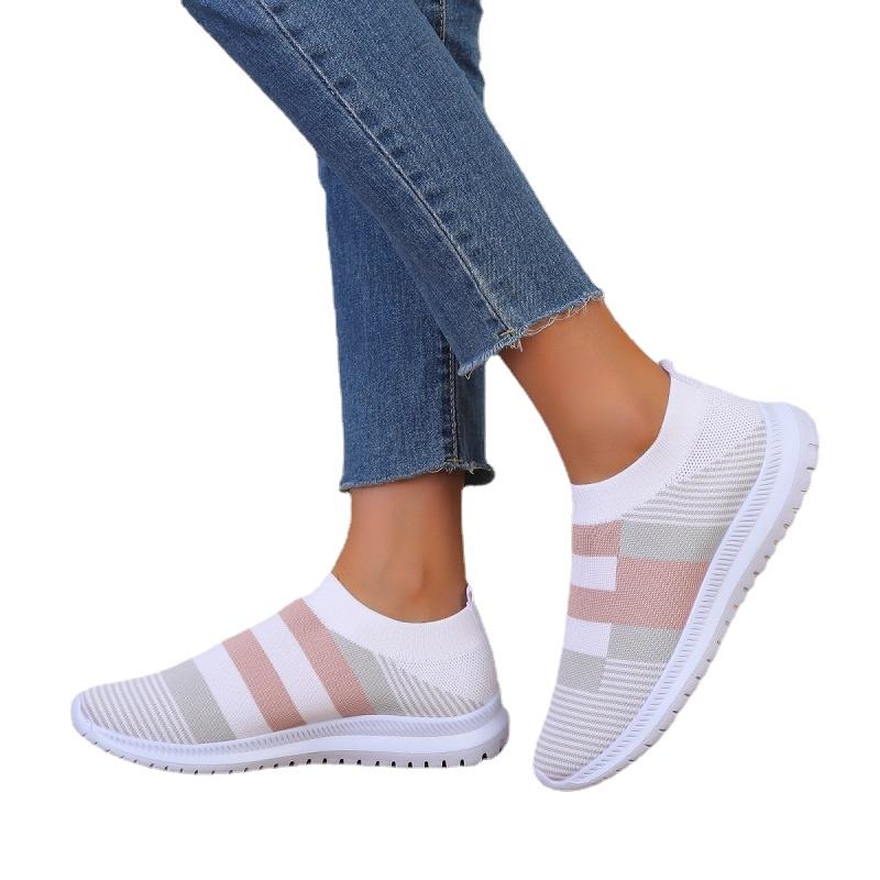 2024 Women Sneakers Fashion Women Vulcanized Shoes Slip On Flats Shoes Women Loafers Colorblock Stripes Plus Size Walking Flat