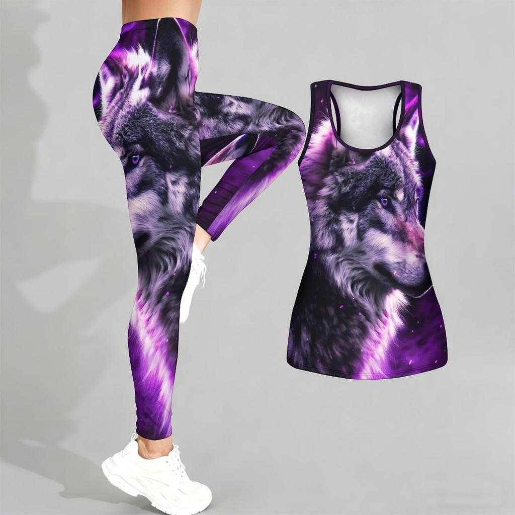 Cunning Wolf Pattern Print Yoga Outfit for Women Fashion Workout Leggings Fitness Sports Casual Yoga Set Sports Suit