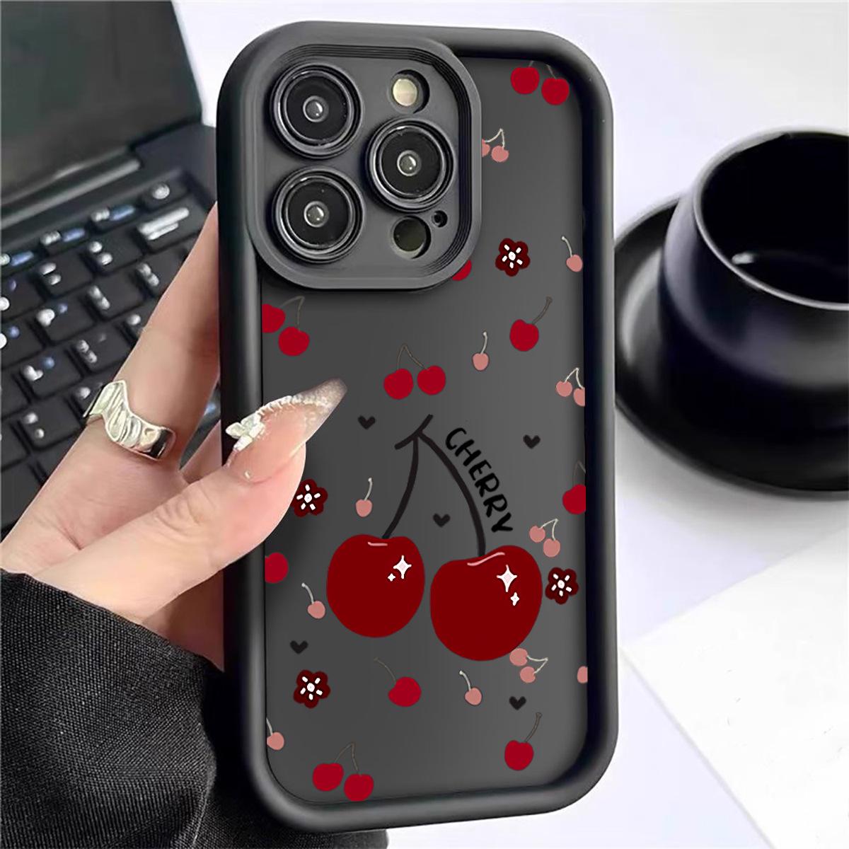 Large Cherry Black Groove Sandstone Phone Case for iPhone 15/16/17 Redmi Note 11 Pro/Note 11 Pro+ 5G/Note 12 Pro 4G чёрный