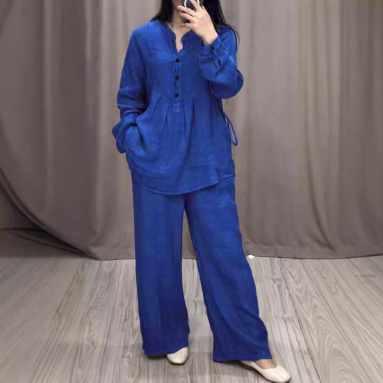 2 Pcs/Set Women Top Pants Suit Round Neck Half Single-breasted Long Sleeves