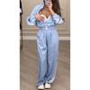 Damen Freizeit Trainingsanzug Set Langarm Gestreifte Jacke Hohe Taille Weite Beinhose Zweiteiliges Outfit