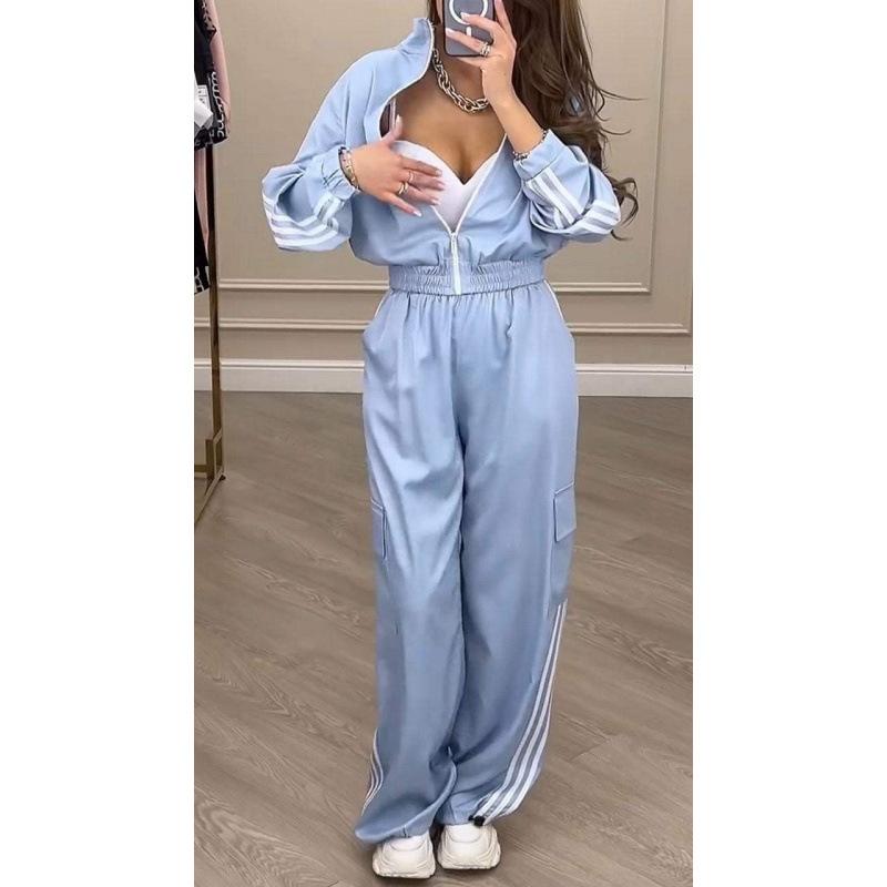 Damen Freizeit Trainingsanzug Set Langarm Gestreifte Jacke Hohe Taille Weite Beinhose Zweiteiliges Outfit