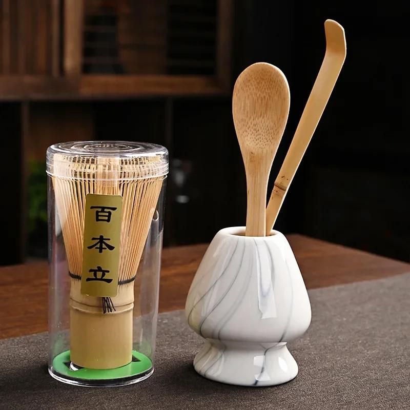 4 IN 1 Bamboo Matcha Powder Whisk Teaspoon Ceramic Bowl Tranditional Tea Matcha Whisk (Chasen)Sets Home Tea-making Accessories