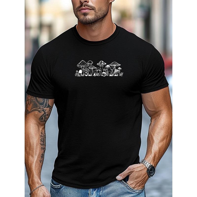 European Size Men'S T-Shirt, Easygoing And Casual, Comfortable And Versatile, Featuring a White Mushroom Design for Summer with a Round Neck