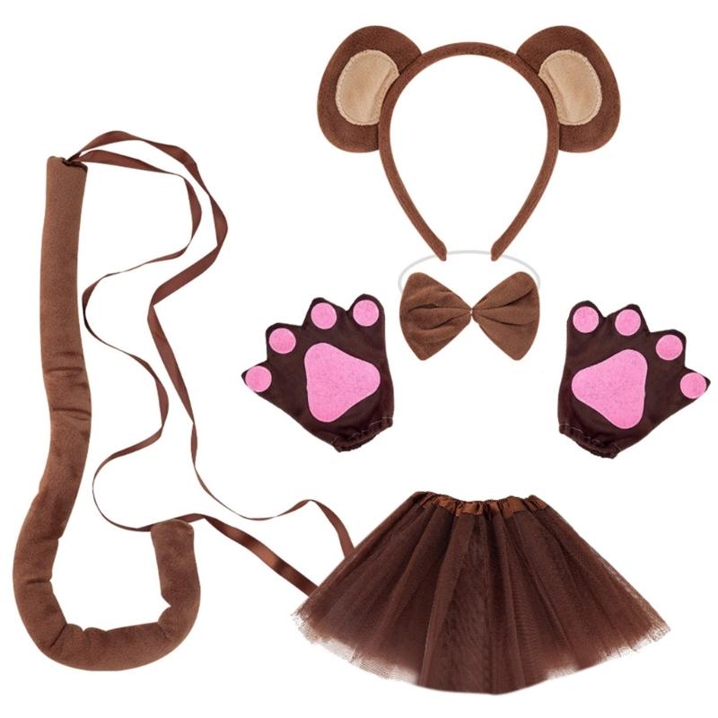 Monkey Costume Monkey Ear Headband Tail Bowtie Glove and Skirt Halloween Lemur Dress Up Outfit for Kid Halloween Cosplay