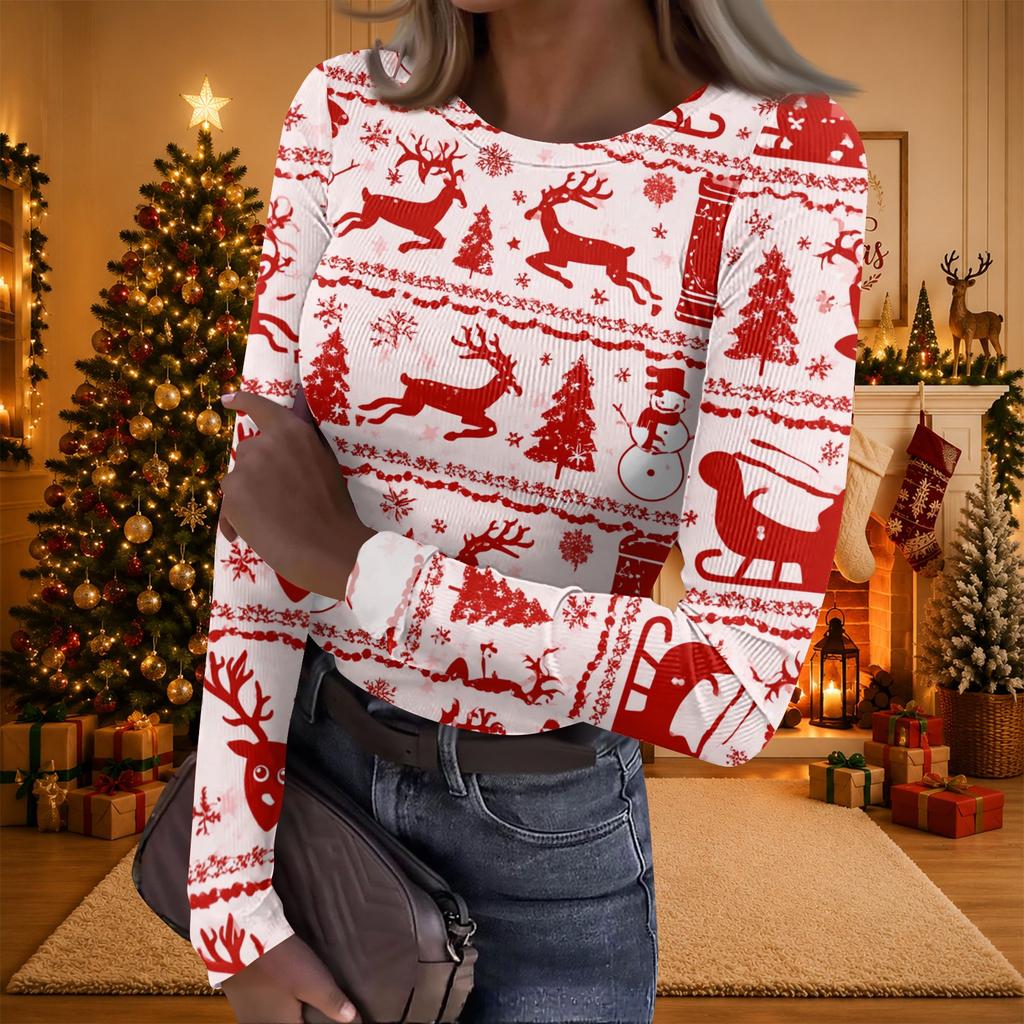 Women's Casual Christmas Print Long Sleeve Ribbed Neck Top