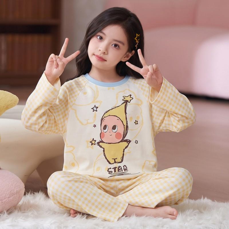 100% Cotton Girls Pajama Set Long Sleeve Round Neck Thin Home Wear Kids 8 Years