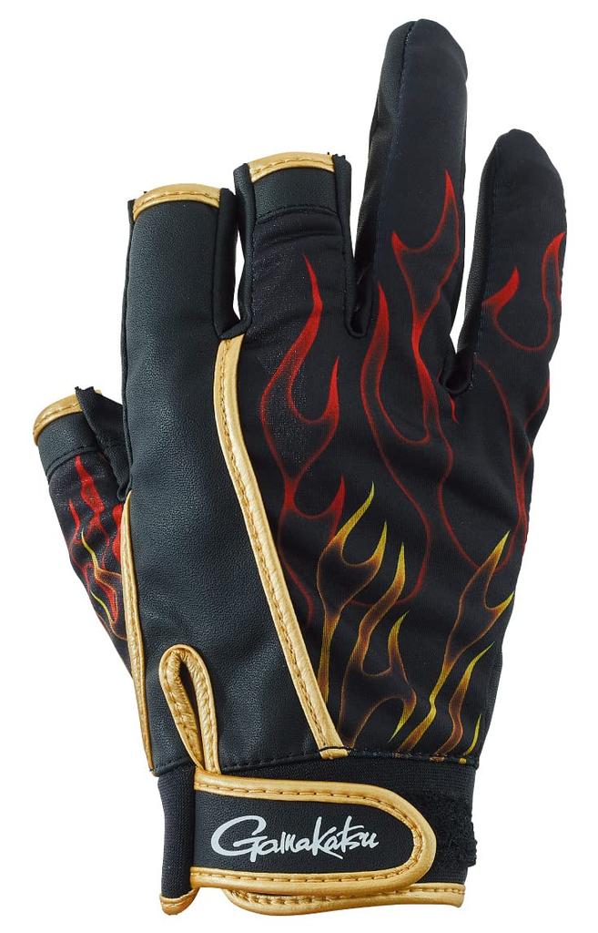 Gamakatsu Stretch Fishing Gloves GM7292 LL (Flame Pattern/3-Slice) Gold,