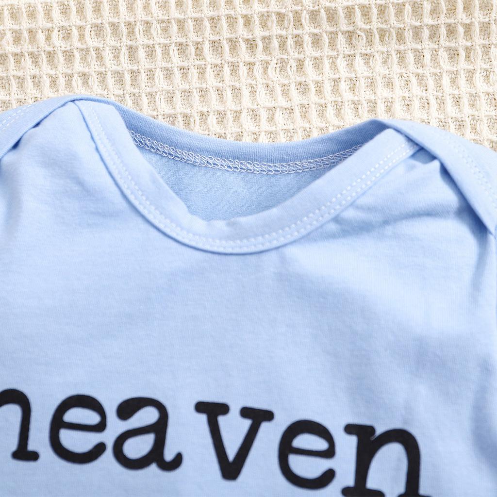 1-18 Months Newborn Baby “Heaven Sent“ Print Cotton Bodysuit Cute Blue Short Sleeve Jumpsuit Onesie