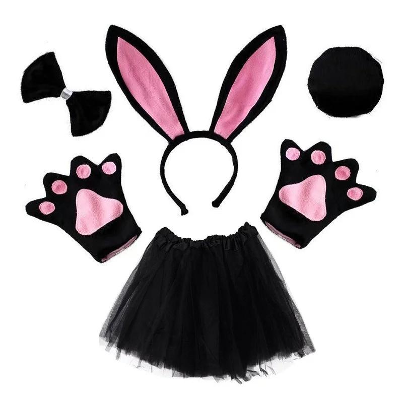Women Girls Plush Animal Easter Bunny Ear Headband Tail Bow Skirt Birthday Party Baby Shower Halloween Rabbit Cosplay Costume