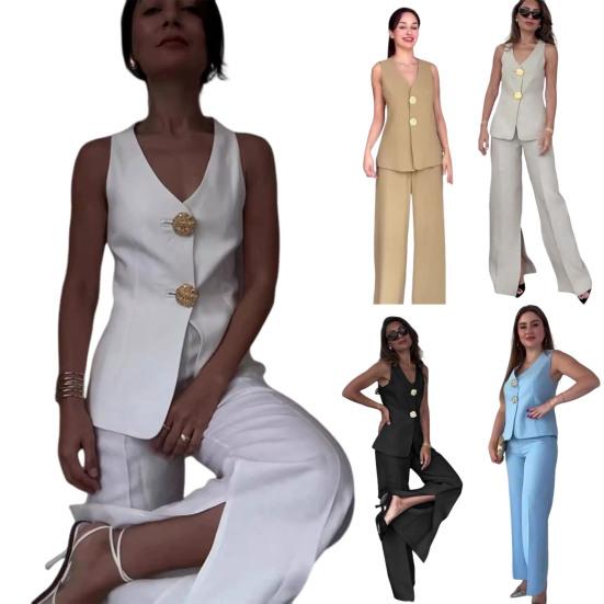 2 Pcs/Set Women Vest Pants Suit V Neck Button-down Sleeveless Top Wide Leg Loose Trousers Formal Business Style Commuter Outfit