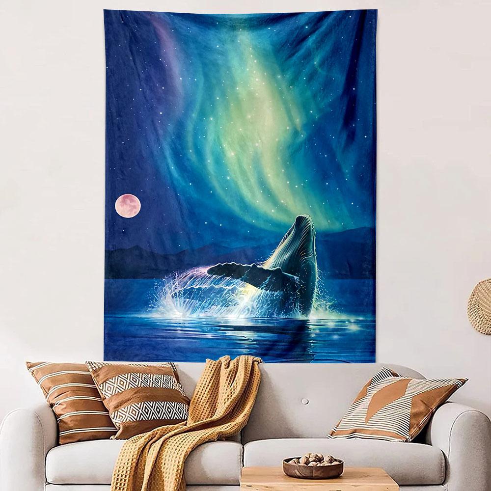 Whale Leaping Aurora Night Tapestry Wall Hanging, Ocean Moonlight Illustration, Nautical Wall Decor for Bedroom Living Room Dorm