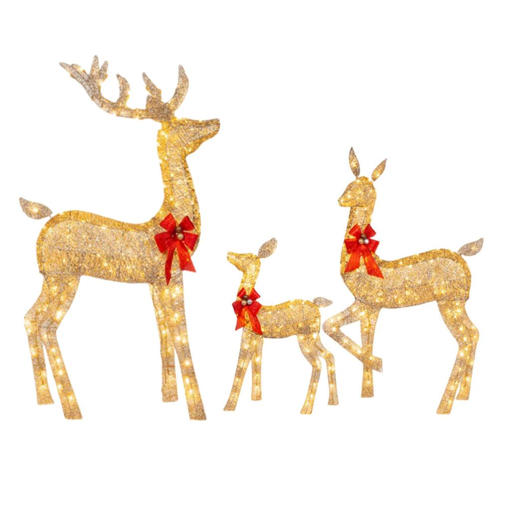 Christmas Lighted Reindeers Family with Red Bow Props Decor Holiday Luminous