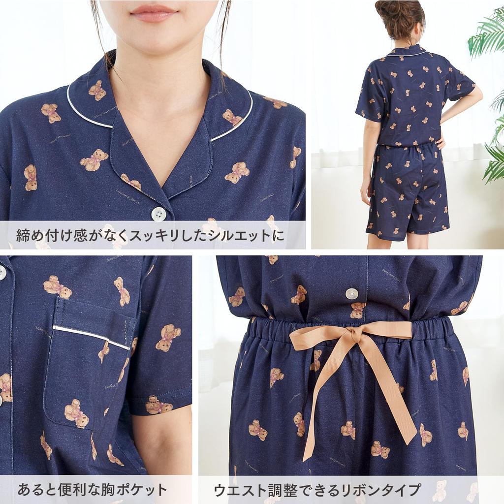 Luanna Jena Cotton Bear Pajama Short Sleeve Shirt and QWHI04 Women's 100% Set, Shorts, Spring/Summer Loungewear, (Size M, Bear/Navy)