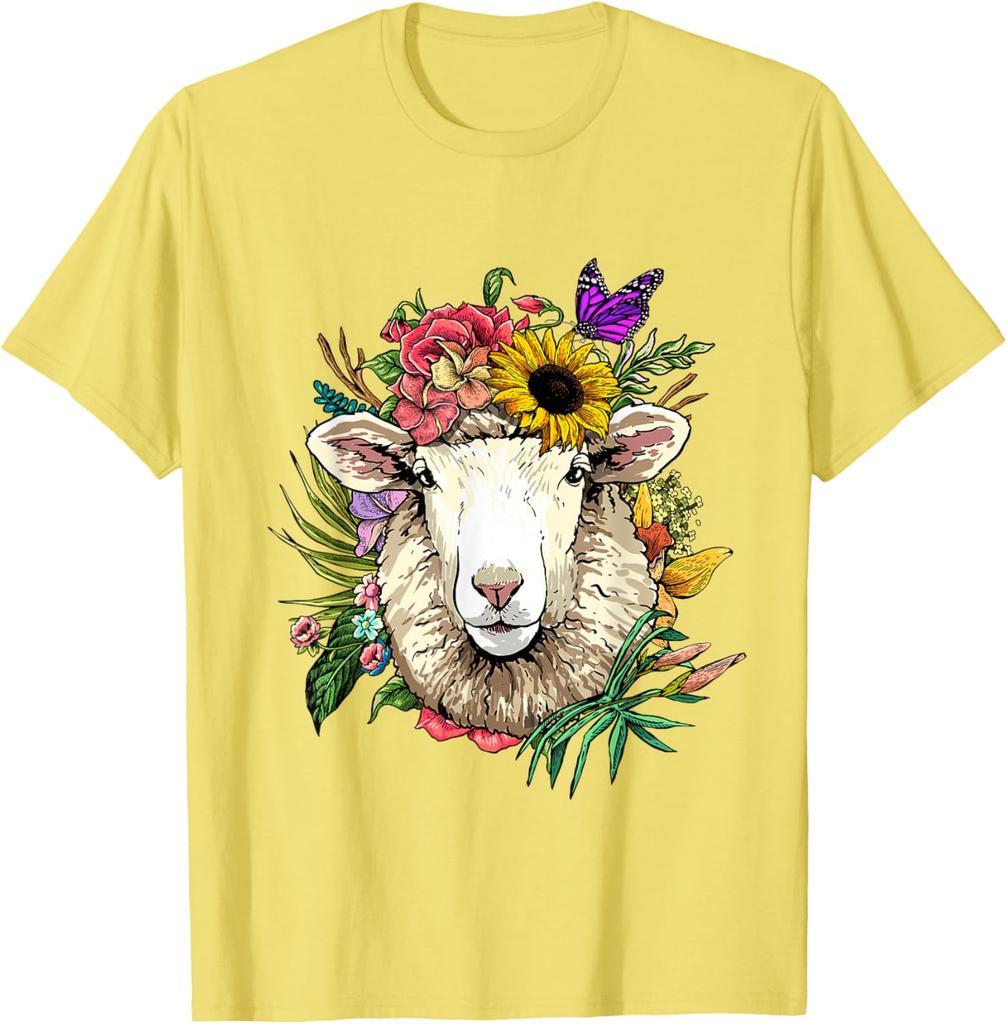 Blumen Schafskopf Kranz T-Shirt Tierliebhaber Bauernhof Grafik T-Shirt Frühling Sommer Freizeit