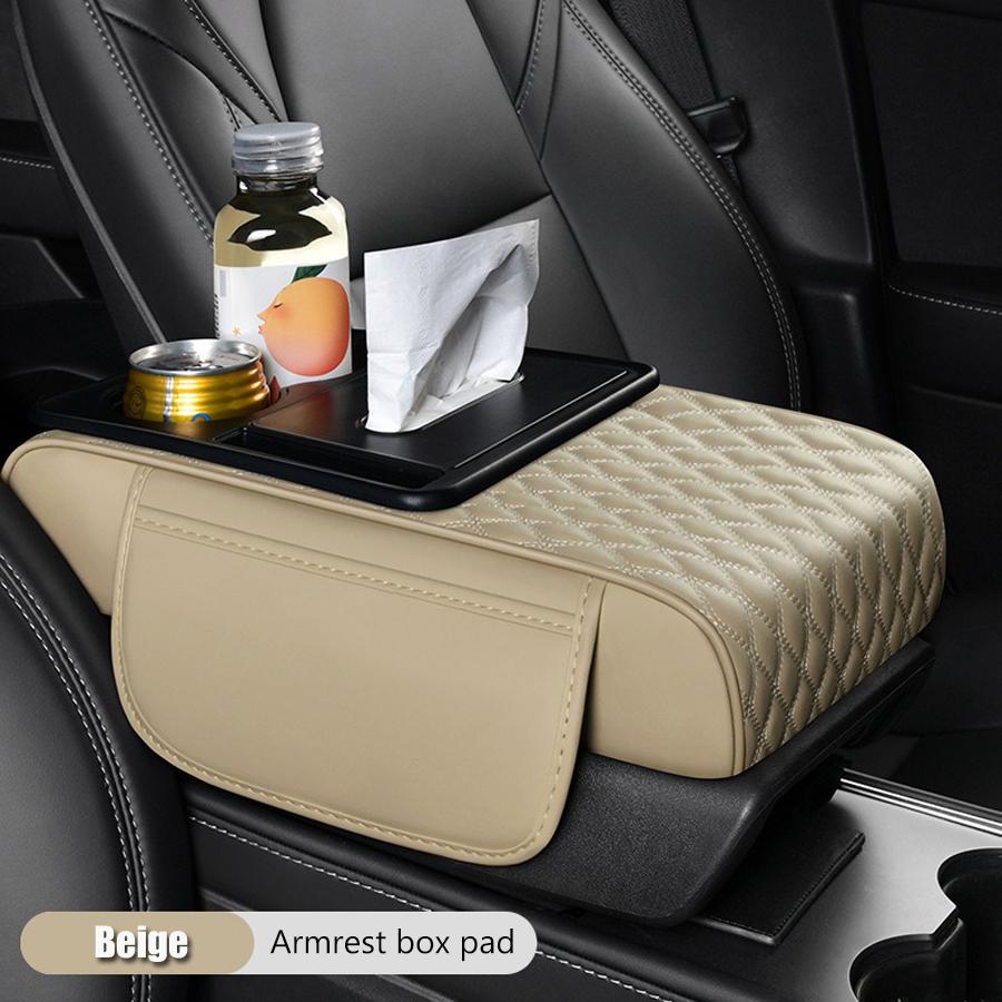 Hochwertiges Armlehnenpolster für die Mittelkonsole im Auto, mit Taschentuchbox und 2 Getränkehaltern, PU-Leder-Armlehnenbox-Pad, tragbares Armlehnenkissen für das Auto