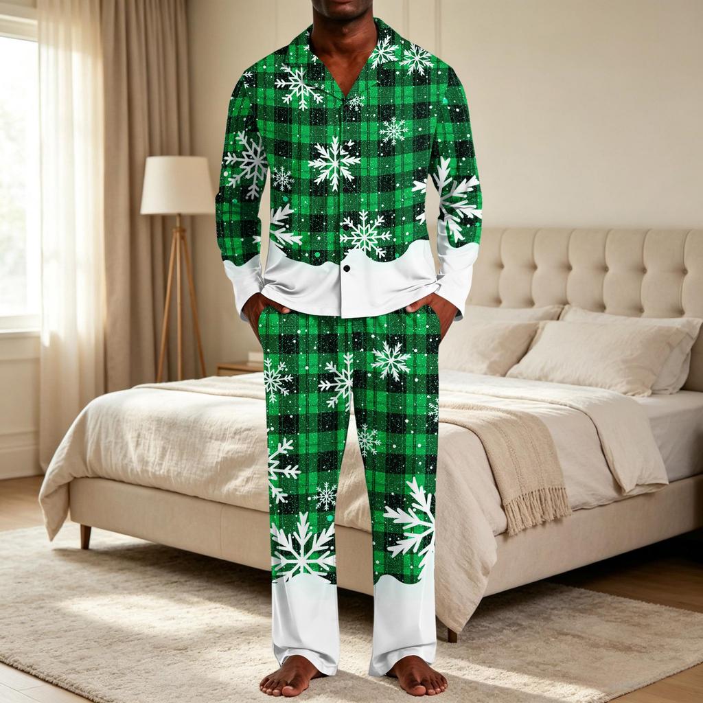 Kerstpyjamaset voor heren met knopenhemd en rechte broek, Casual print nachtkleding tweestukken outfit, Feestelijke loungewear voor de feestdagen