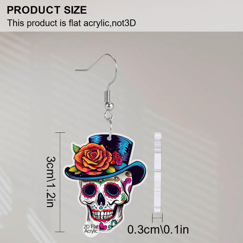 2D Flat Cute Halloween Sugar Skull Earrings Dangle Acrylic Day of The Dead Decor Gifts for Women Festival Charms