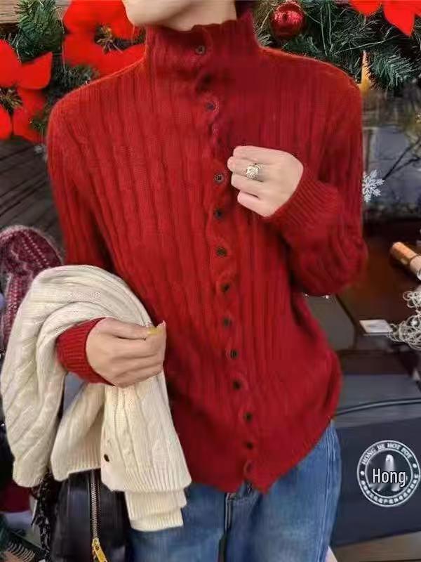 100% Pure Wool Women's High Neck Button-Up Cardigan - Autumn/Winter Sweater Coat