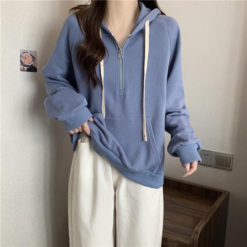 Women's Thin Half-Zip Hooded Sweatshirt - Loose Fit, Long Sleeve, Plus Velvet, Trendy Style for Spring, Autumn, Winter 2023