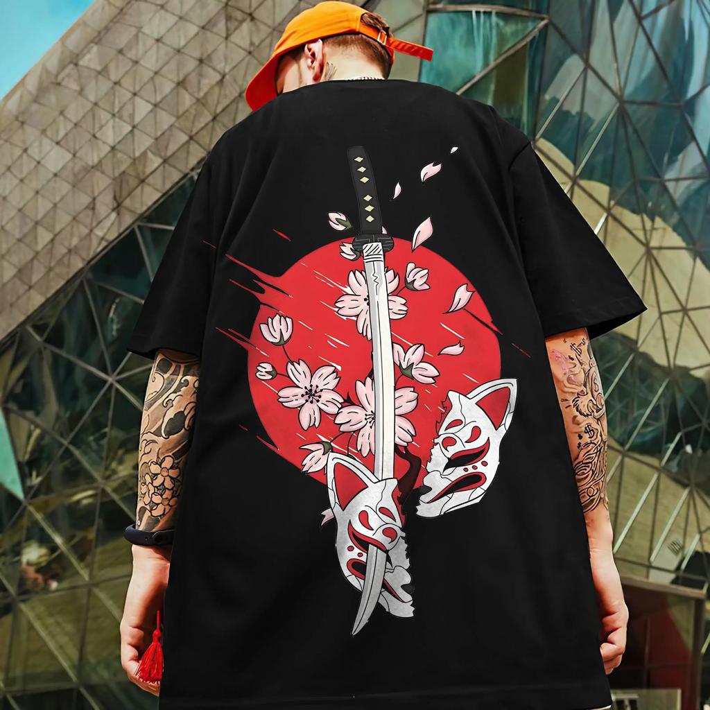 Retro tričko pro muže s potiskem japonského samurajského meče Pánské oblečení Street Harajuku Tričko s krátkým rukávem Tričko evropské velikosti