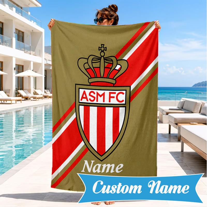 Custom Name Beach Towel Monaco Football Crest Microfiber Beach Towel, Lightweight for Summer Travel, Swimming Pool Fan Birthday Gift