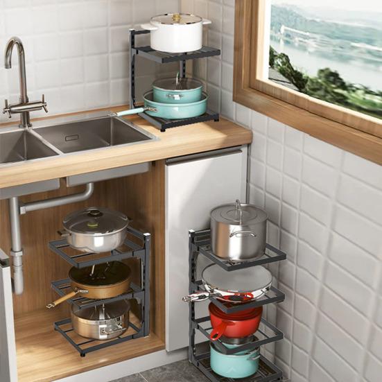 Kitchen Storage Shelf Pot Organizer with Guardrail Strong Load-bearing Rustproof Corrosion Resistant Pot Stand Multi-layer Shelf