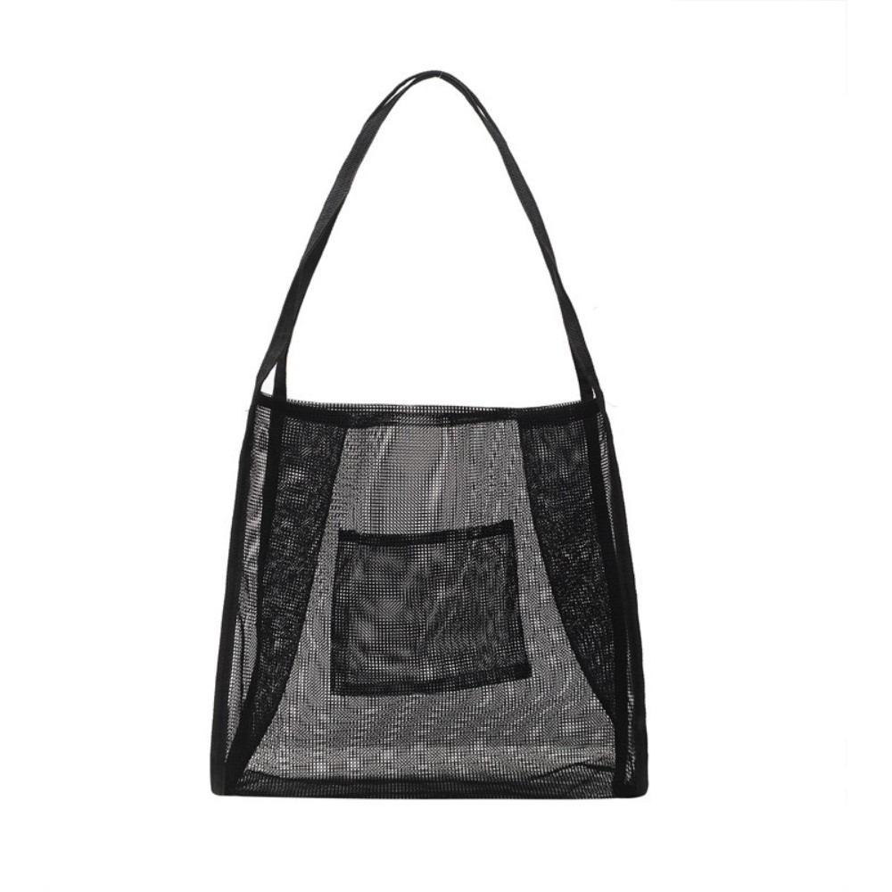 

Transparent Beach Handbag Pockets Hollow Tote Bag Pouch for Make Up Kit Mesh Shoulder Bag Travel чёрный