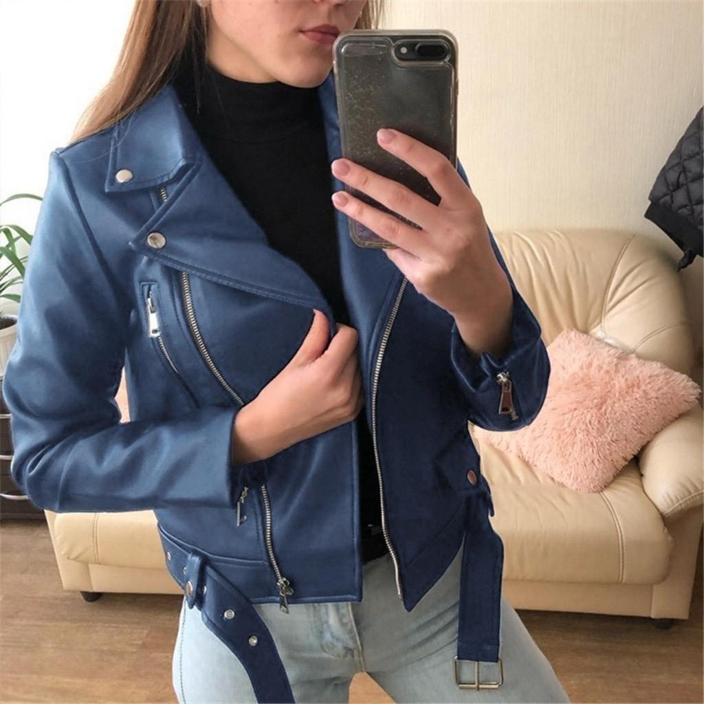 Jaqueta feminina de couro sintético legal manga comprida com zíper casaco curto outono