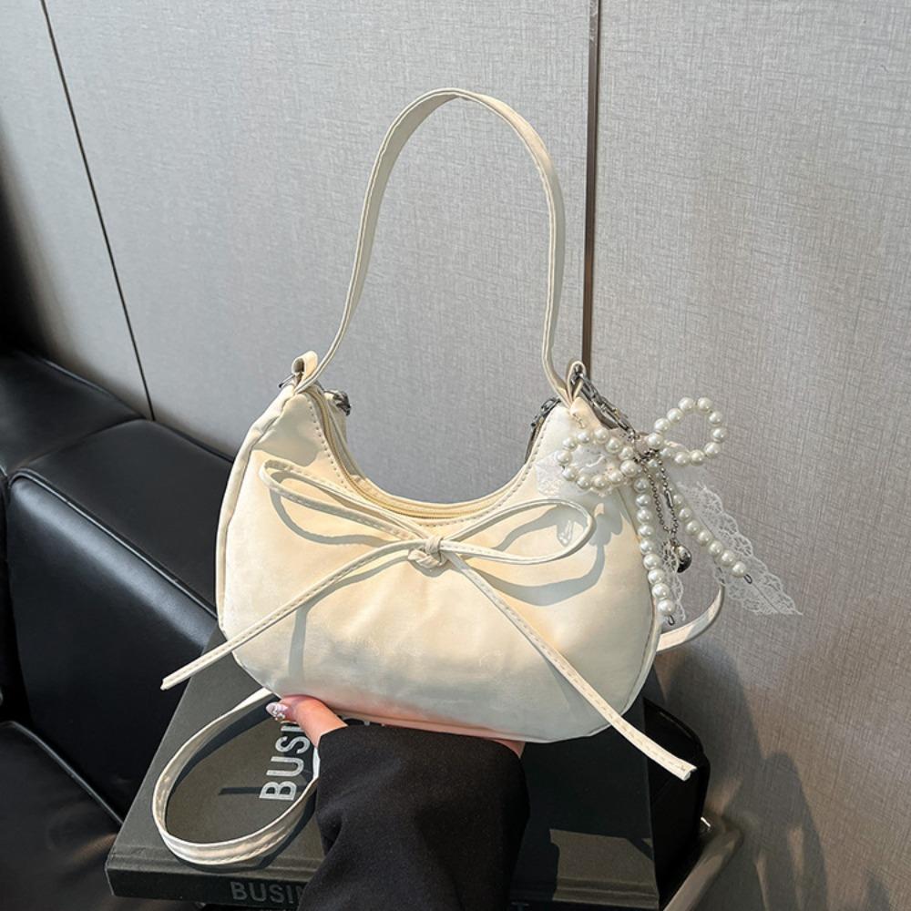 Lace Pearl Pendant Bow Shoulder Bag Large Capacity French Style Handbag PU Hobo Bag  Streetwear