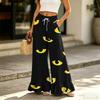 Women Wide Leg Pants with Pockets High Waist Drawstring Casual Loose Fit Halloween Print Ruffle Hem Long Trousers for Daily Wear