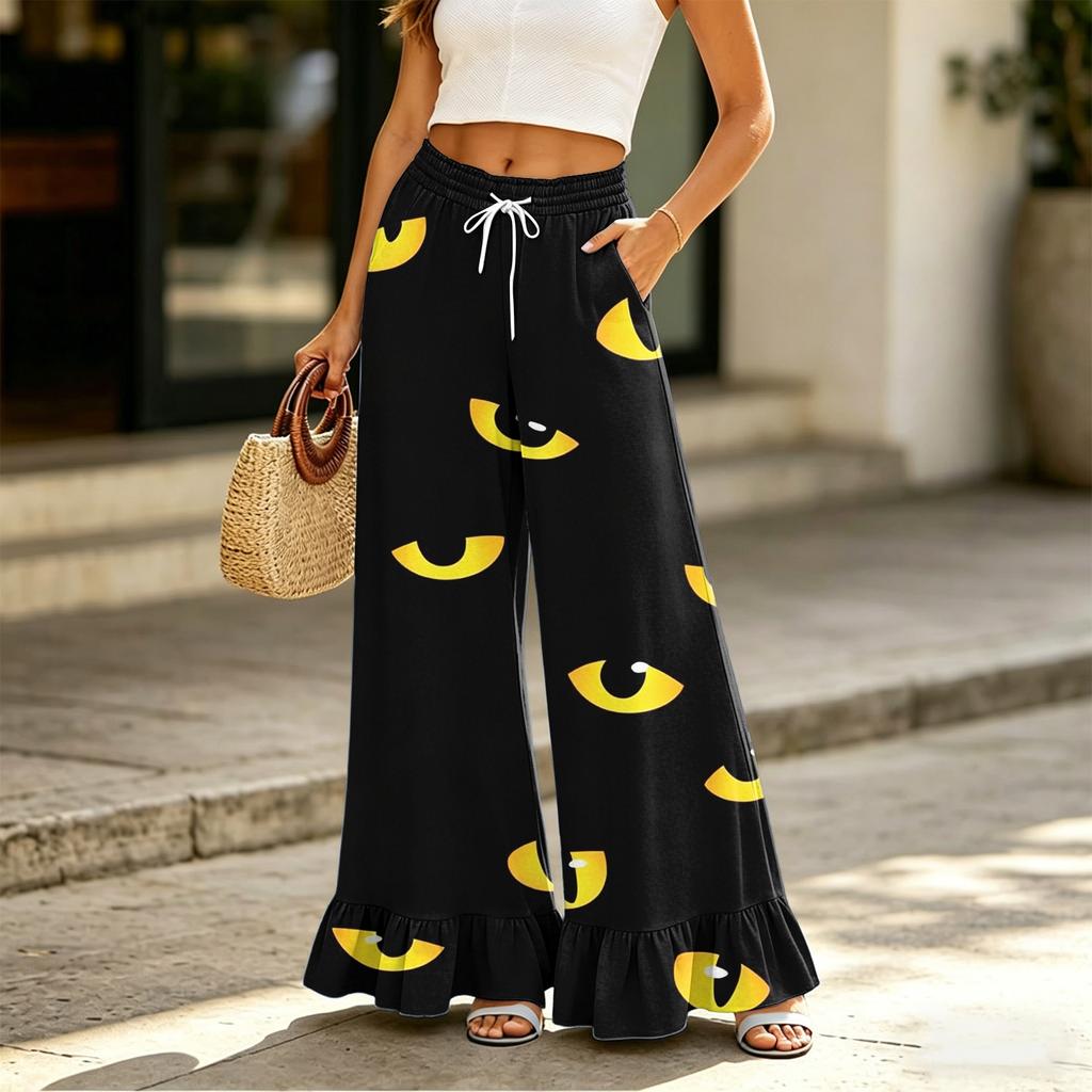 Women Wide Leg Pants with Pockets High Waist Drawstring Casual Loose Fit Halloween Print Ruffle Hem Long Trousers for Daily Wear